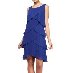 NWT S.L. Fashion Sleeveless Tulip Tiered Chiffon Dress Royal Blue 12P